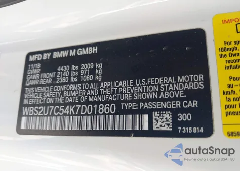 2019 BMW M2 Competition z USA, uszkodzony, nr VIN WBS2U7C54K7D01860